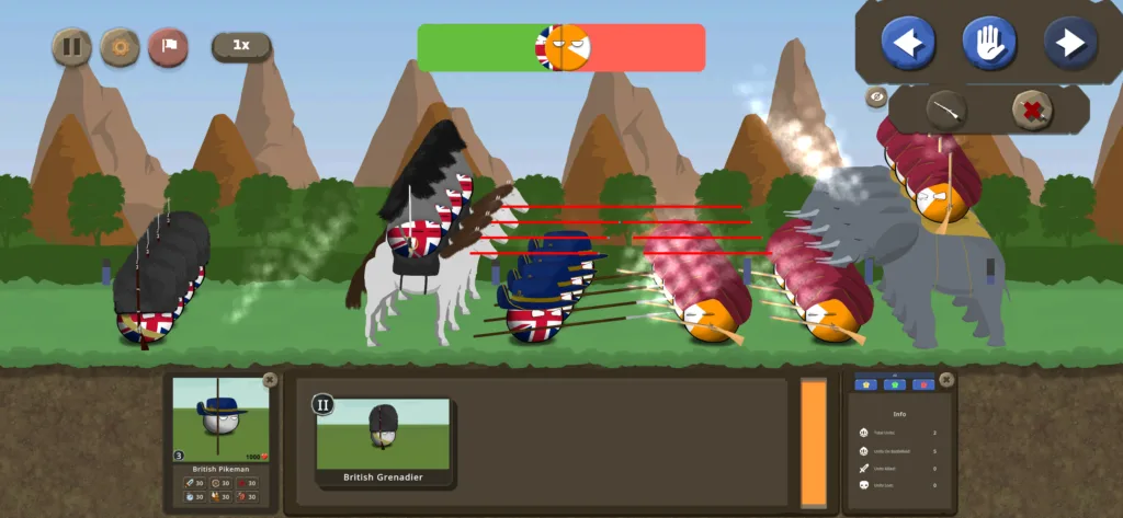 Countryballs at War battlefield with countryball infantry and cavalry units fighting each other in real time