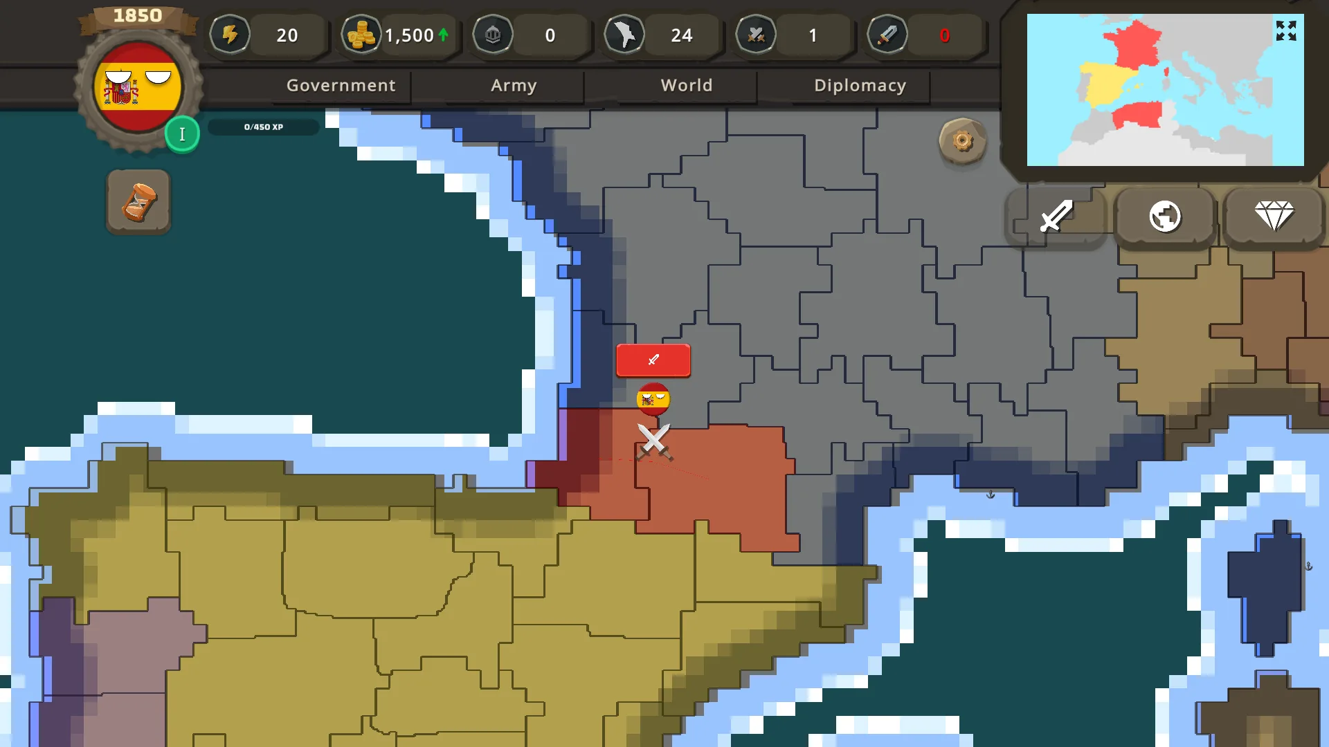 Countryballs at War world map with Spain attacking across a contested border