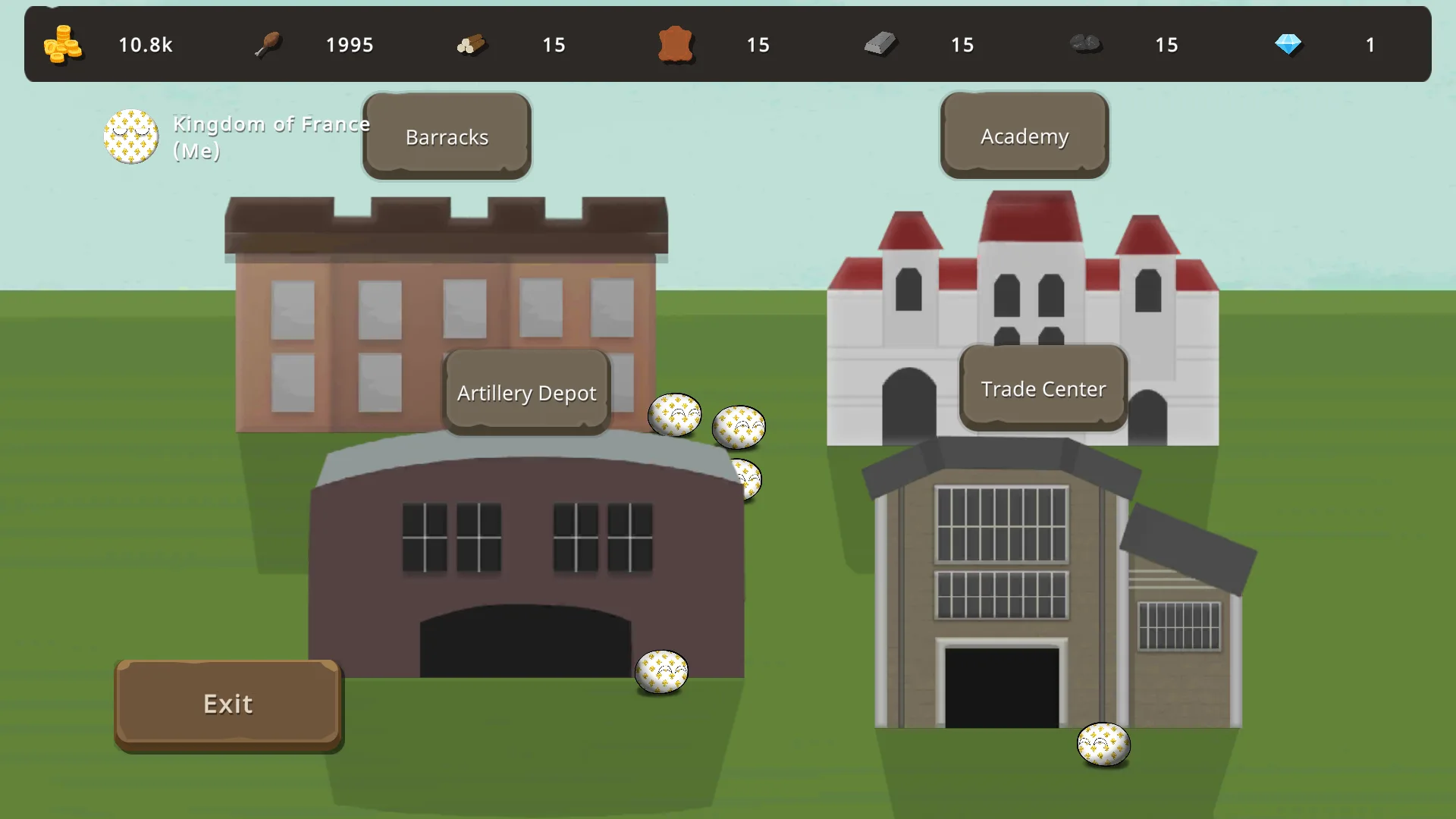 Countryballs at War kingdom management screen with barracks, academy, artillery depot, and trade center