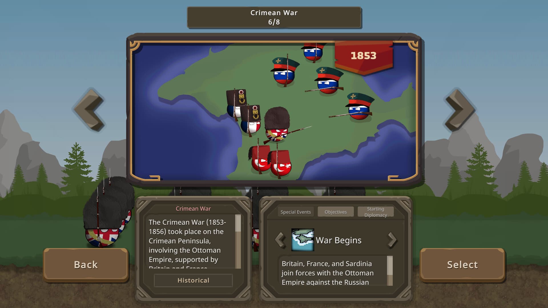 Countryballs at War campaign selection screen for the Crimean War scenario with objectives and battlefield setup