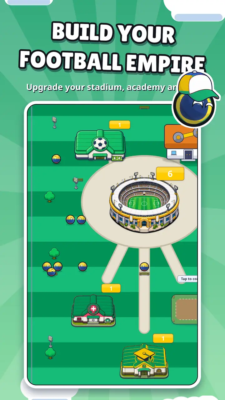 Football headquarters view with stadium, academy, and training buildings to upgrade