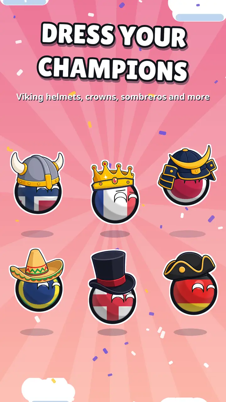 Countryball champions dressed in collectible hats: viking helmets, crowns, and sombreros