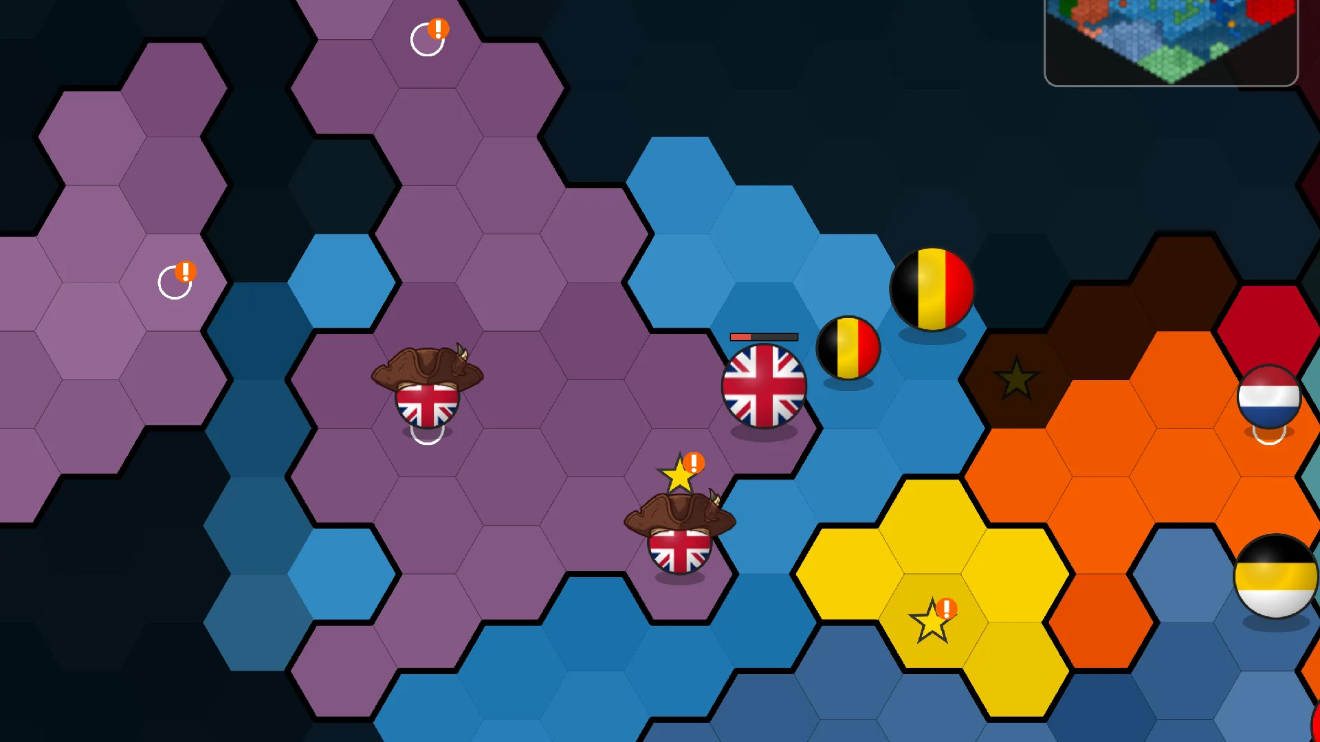 Command of Europe hex map showing Britain and Belgium advancing on a contested frontier