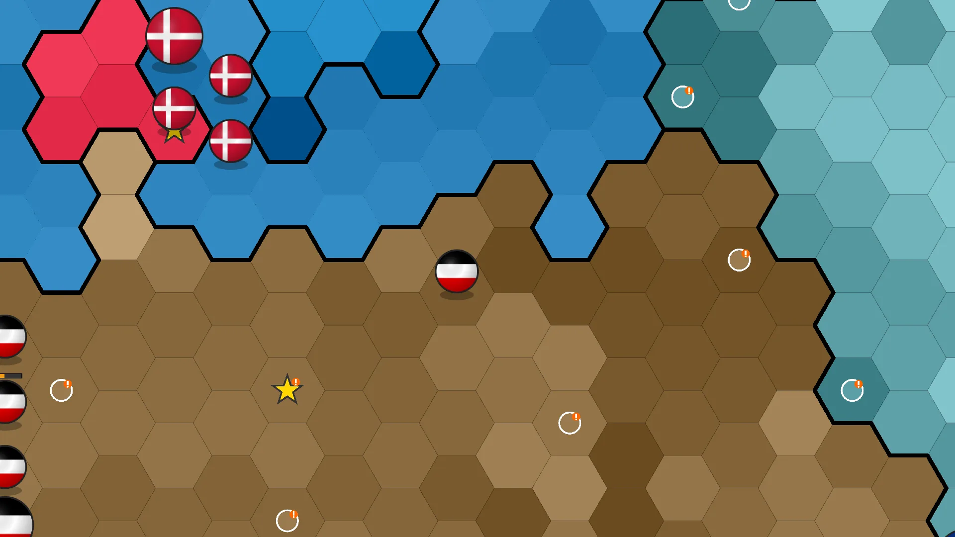 Command of Europe campaign view with Denmark and Germany divided across a hex battlefield