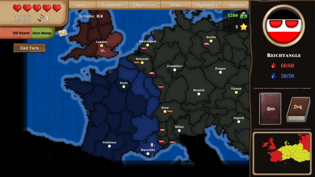 Countryball Europe 1890 campaign map showing borders, armies, and fronts across Europe