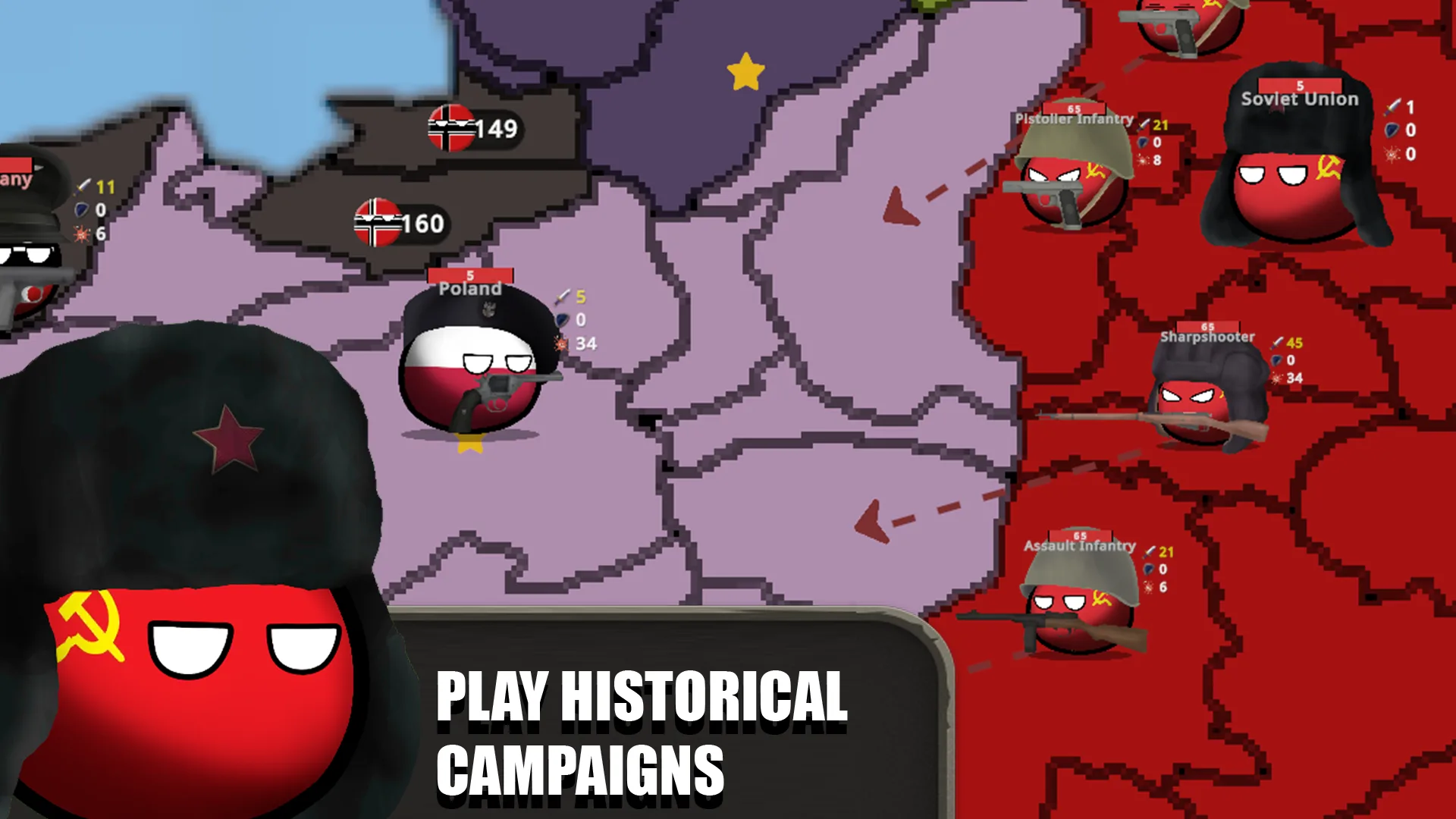 Countryball World 1930 campaign screen showing the Soviet Union front and historical campaign map