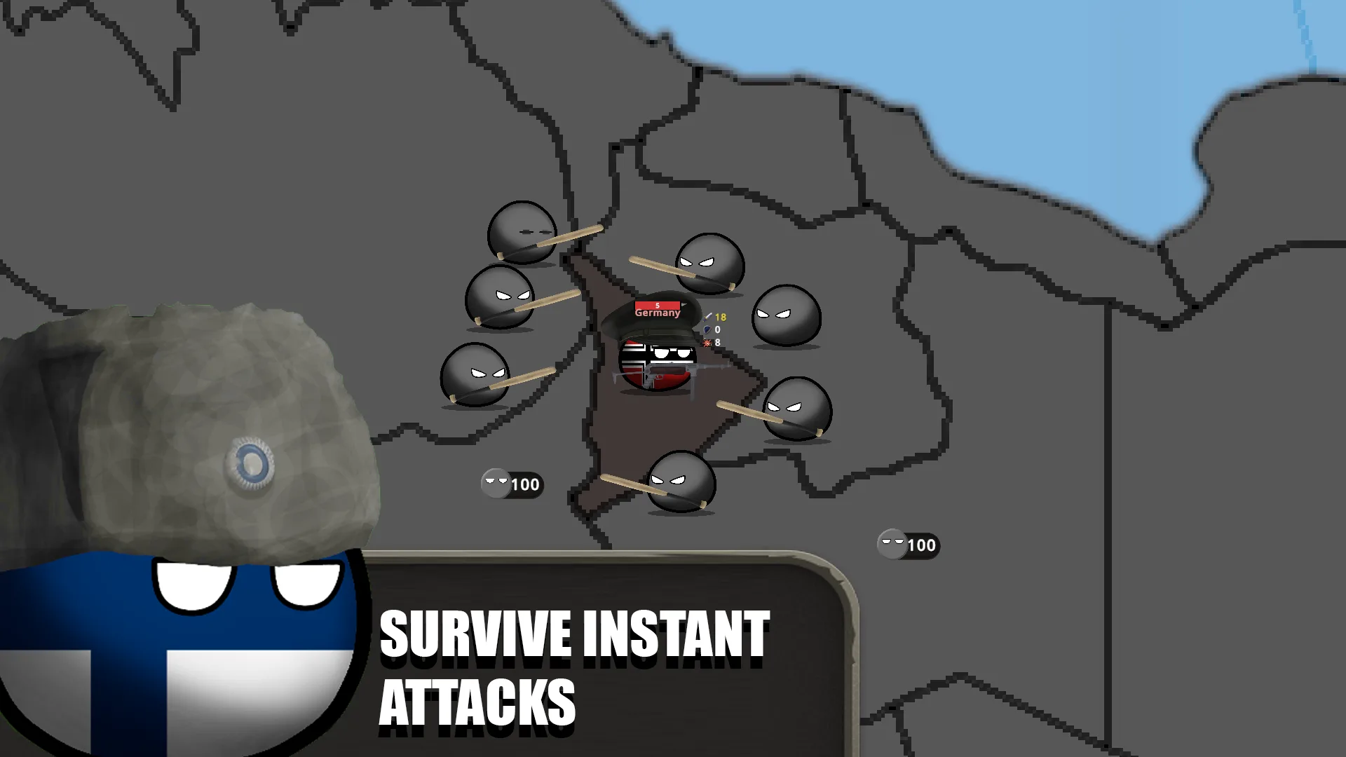 Countryball World 1930 battle screen with Germany surrounded by attacking units