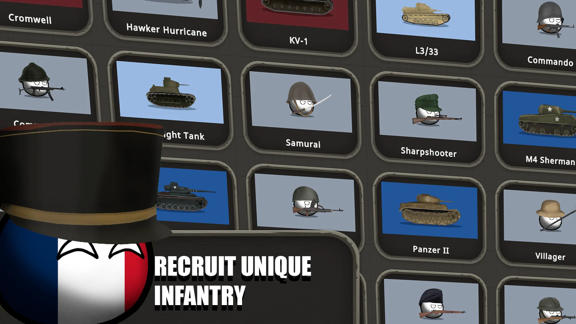 Countryball World 1930 recruitment screen showing infantry and tank unit cards